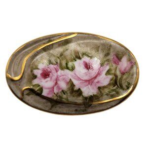 1940s Hand Painted Porcelain Rose Brooch Germany Pink Floral Gold Trim Antique